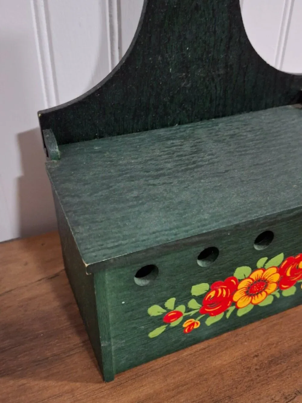 Vintage Wooden Wall Kitchen Box Recipe Green Floral Painted Cottagecore Storage
